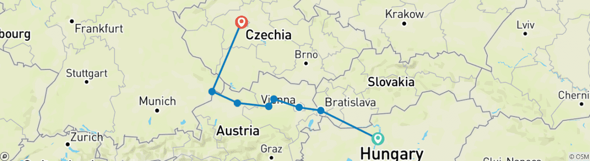 Image of a map showing the route of the tour