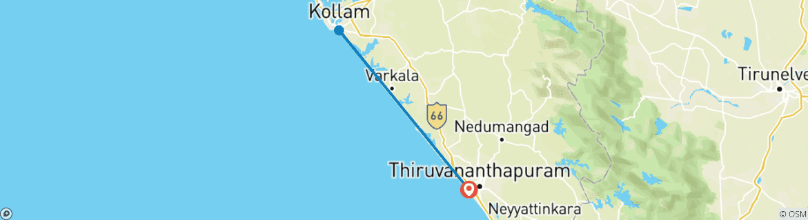 Karte von 3-tägige Tour durch die Backwaters von Kerala, zu den Stränden und nach Kollam, Indien (Auswahl an 3★-, 4★- und 5★-Hotels)