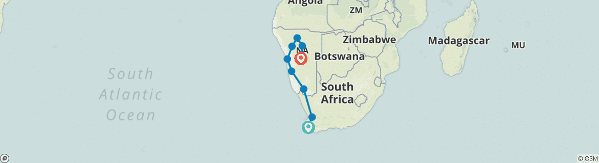 Image of a map showing the route of the tour