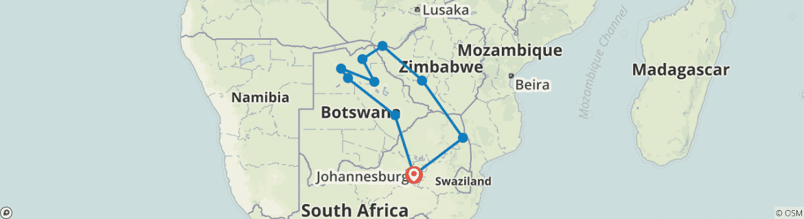 Image of a map showing the route of the tour
