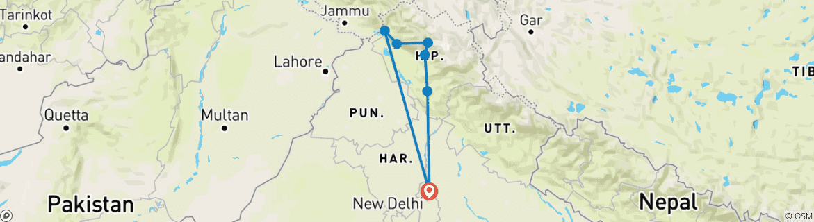 Image of a map showing the route of the tour