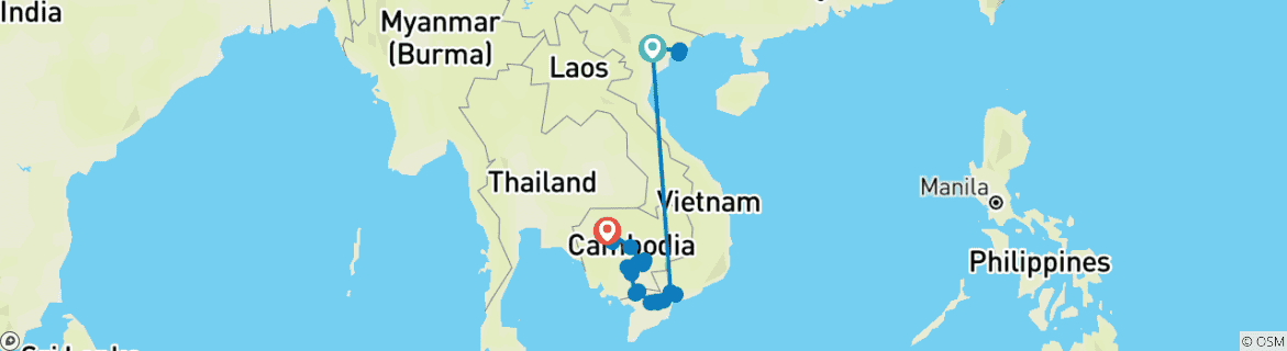 Image of a map showing the route of the tour