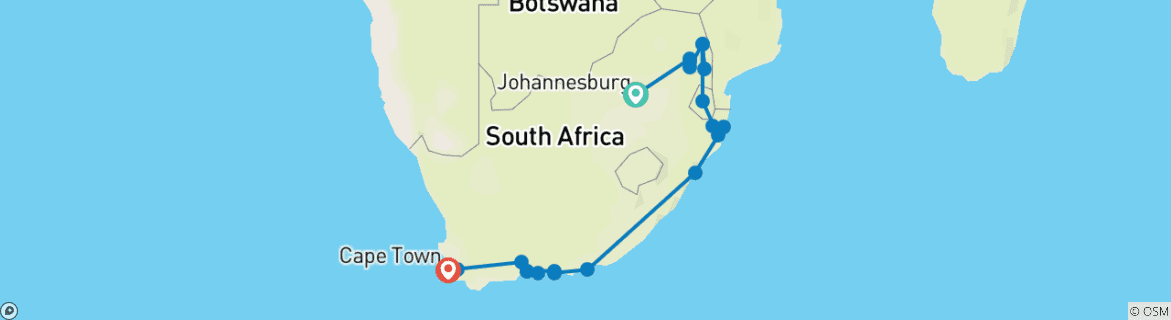 Image of a map showing the route of the tour