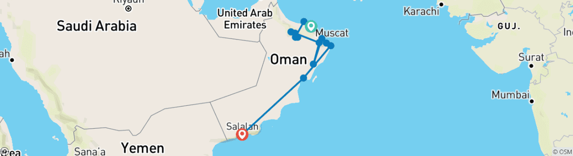 Kaart van Oman van noord naar zuid: een 14-daagse reis van Muscat naar Salalah