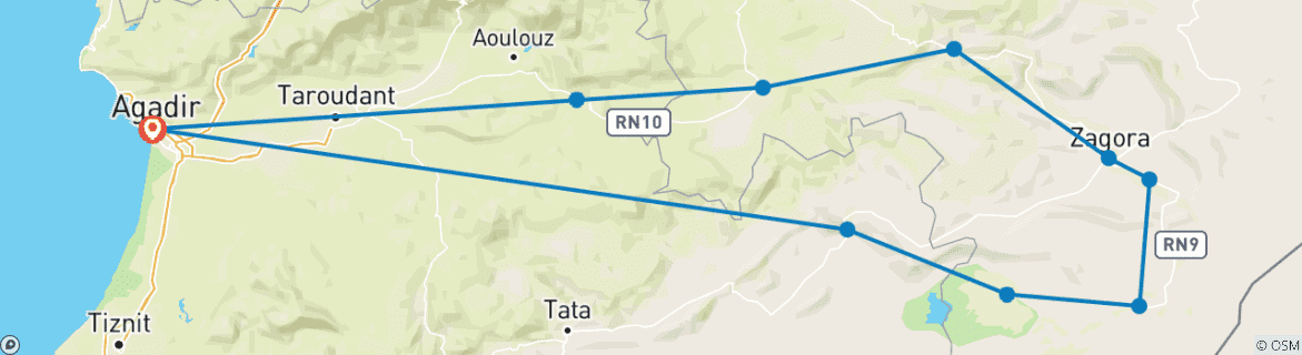 Image of a map showing the route of the tour