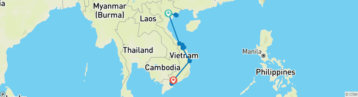 Image of a map showing the route of the tour