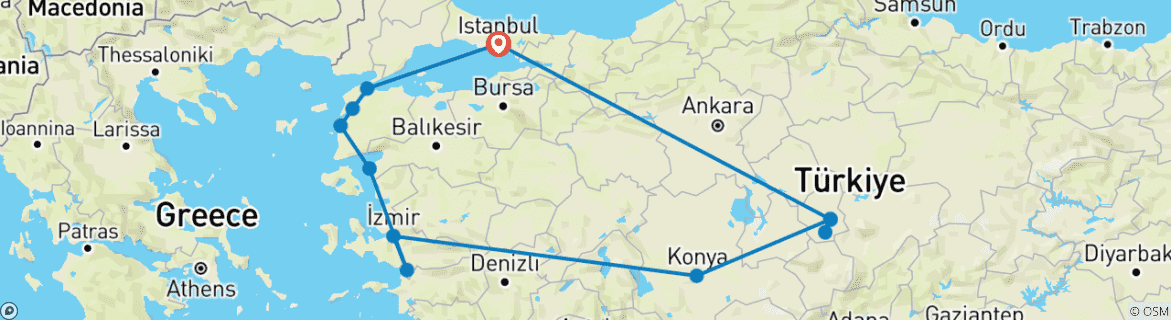 Image of a map showing the route of the tour