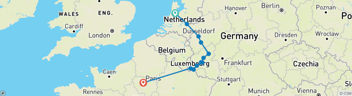 Image of a map showing the route of the tour
