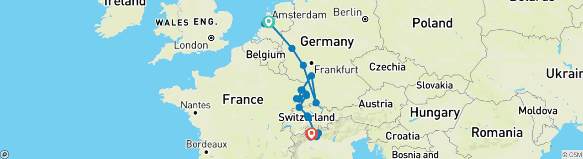 Image of a map showing the route of the tour