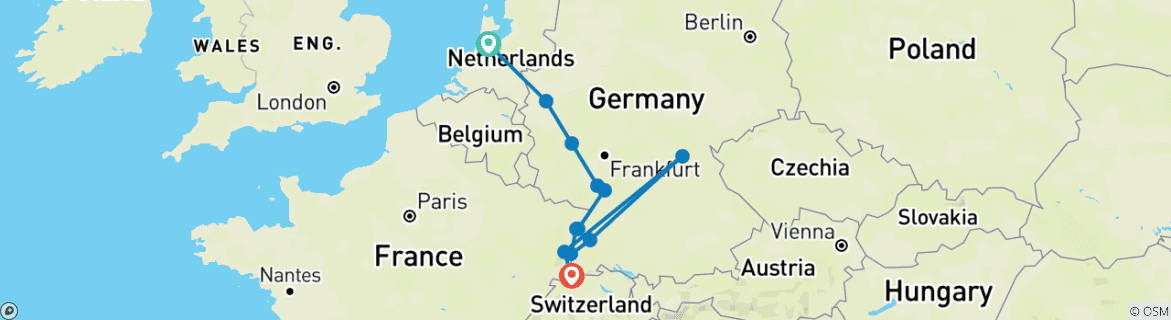 Image of a map showing the route of the tour