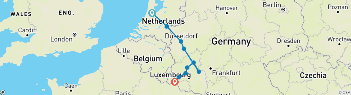 Image of a map showing the route of the tour