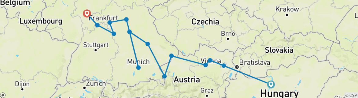 Image of a map showing the route of the tour
