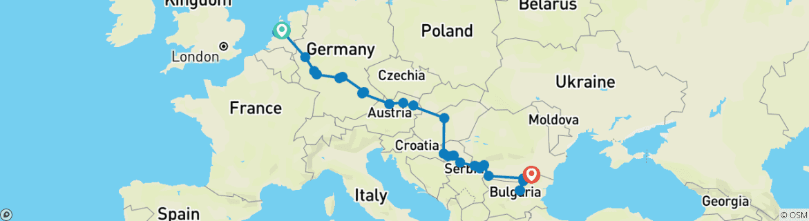 Image of a map showing the route of the tour