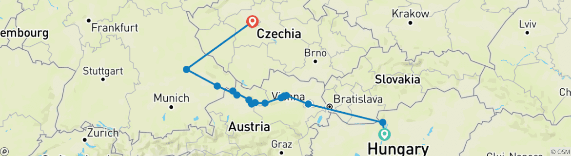 Carte du circuit Circuit « Active & Discovery » sur le Danube avec 1 nuit à Budapest et 2 nuits à Prague (parcours vers l'ouest) 2028