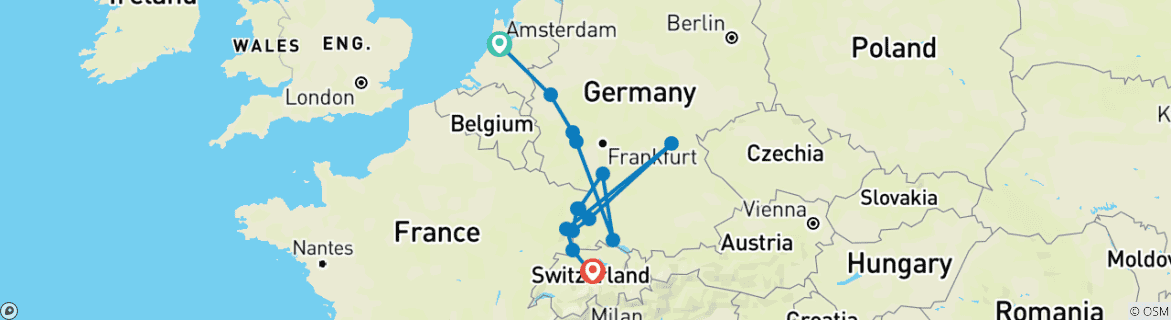 Image of a map showing the route of the tour