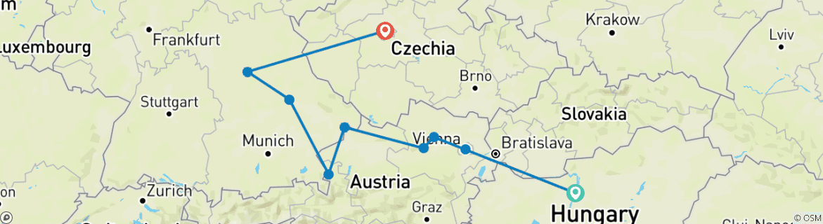 Image of a map showing the route of the tour