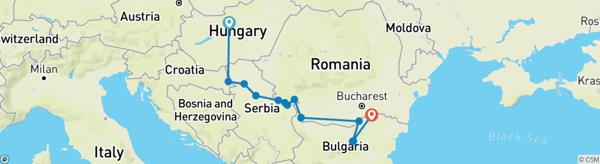 Image of a map showing the route of the tour