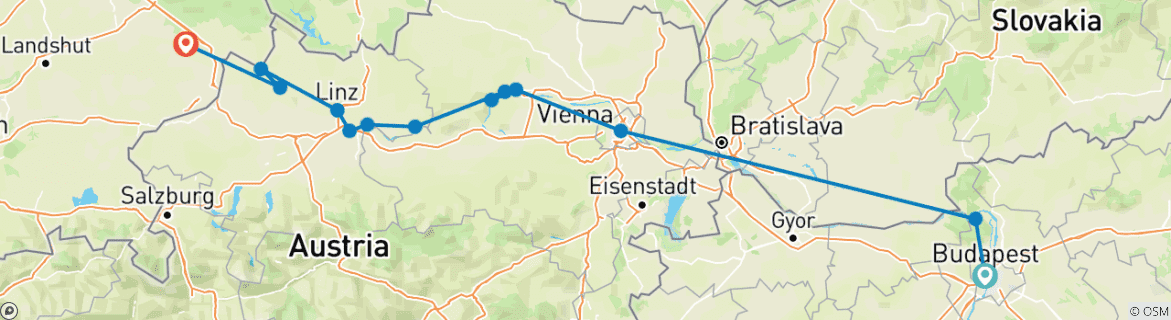 Image of a map showing the route of the tour