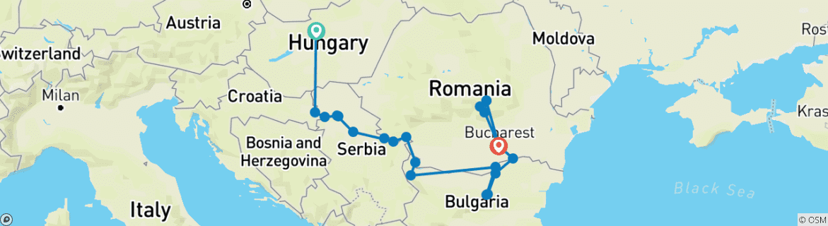 Image of a map showing the route of the tour