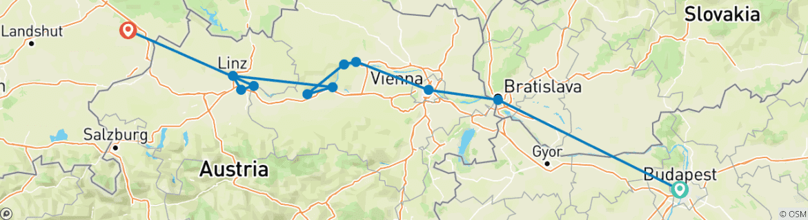 Image of a map showing the route of the tour
