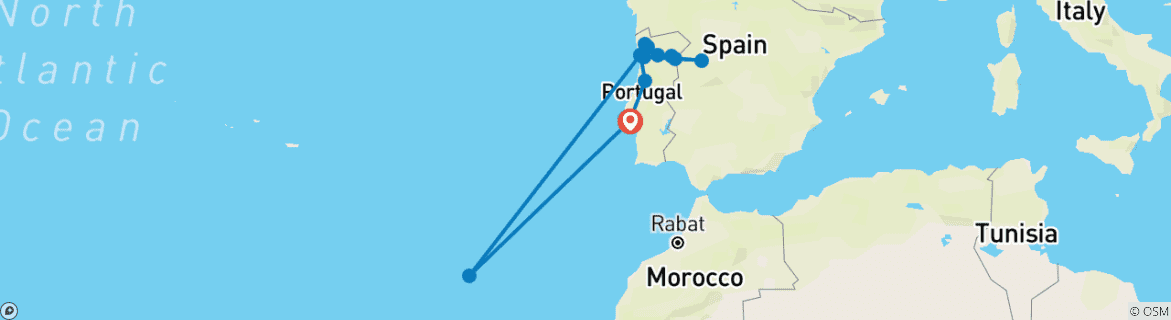 Image of a map showing the route of the tour