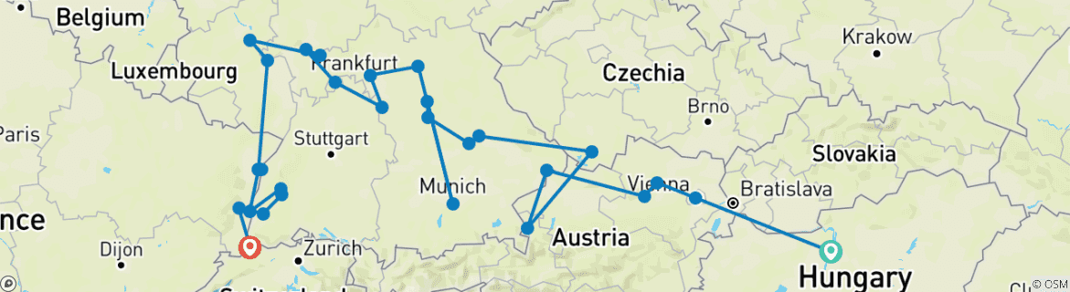 Image of a map showing the route of the tour