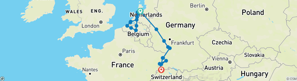 Image of a map showing the route of the tour