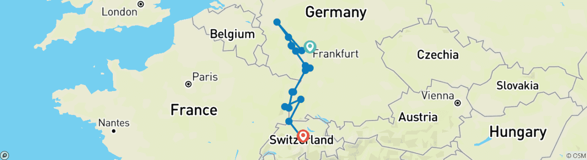 Image of a map showing the route of the tour