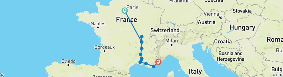 Image of a map showing the route of the tour