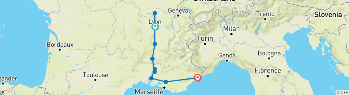 Image of a map showing the route of the tour