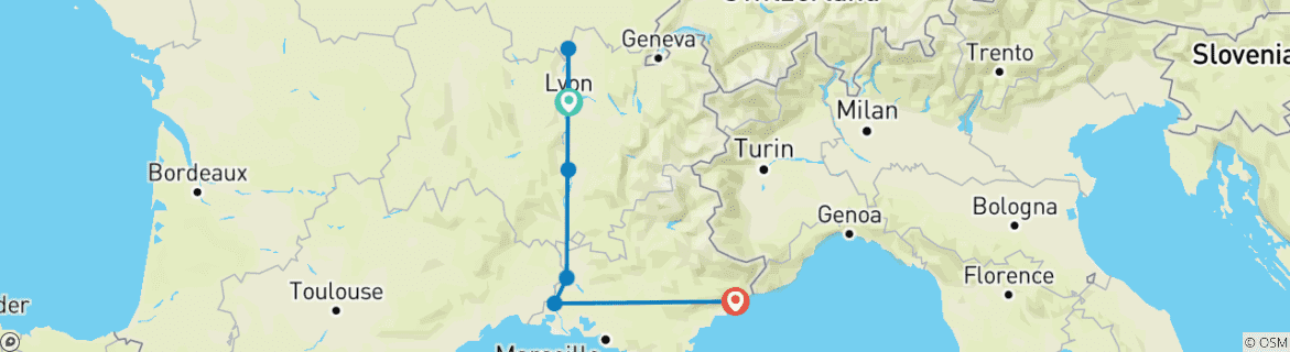 Carte du circuit Bourgogne et Provence avec 2 nuits sur la Côte d'Azur (vers le sud)