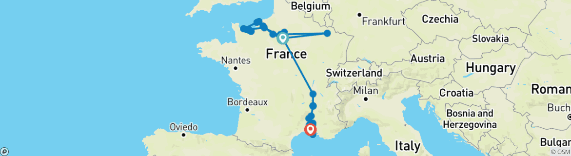 Image of a map showing the route of the tour