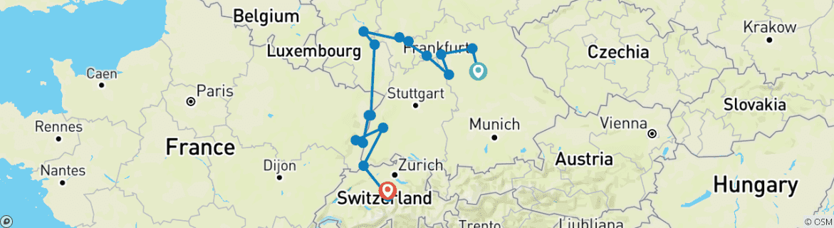 Image of a map showing the route of the tour