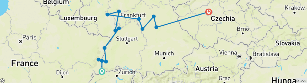Image of a map showing the route of the tour