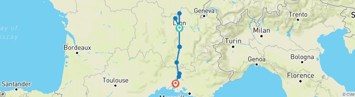 Image of a map showing the route of the tour