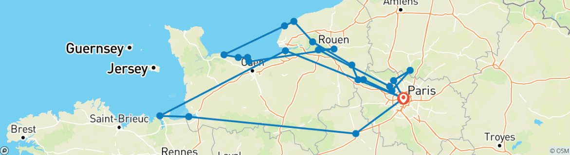 Image of a map showing the route of the tour
