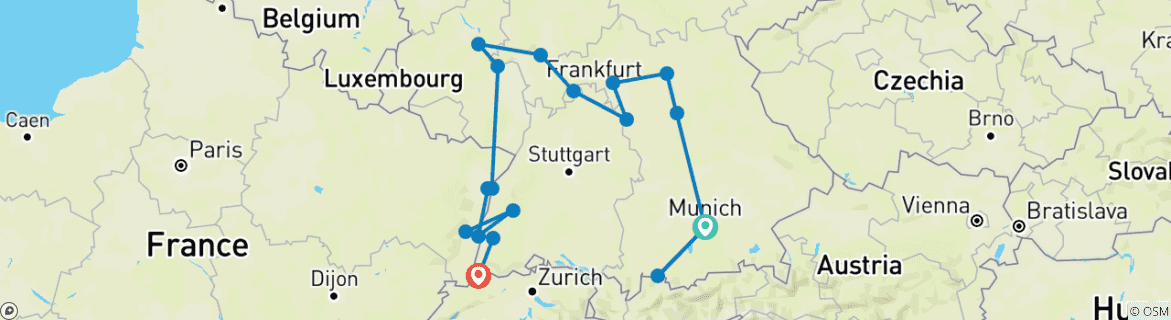 Image of a map showing the route of the tour
