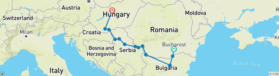 Image of a map showing the route of the tour