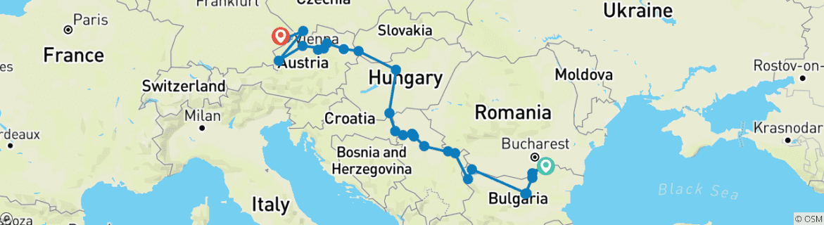 Image of a map showing the route of the tour