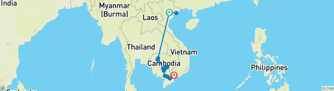 Image of a map showing the route of the tour