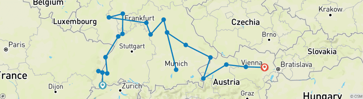 Image of a map showing the route of the tour