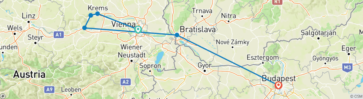 Image of a map showing the route of the tour