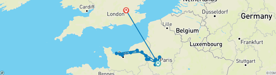 Image of a map showing the route of the tour