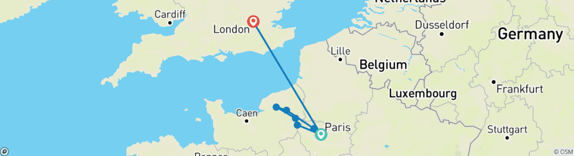 Image of a map showing the route of the tour