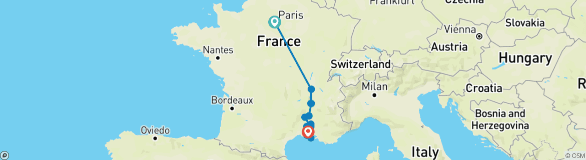 Image of a map showing the route of the tour