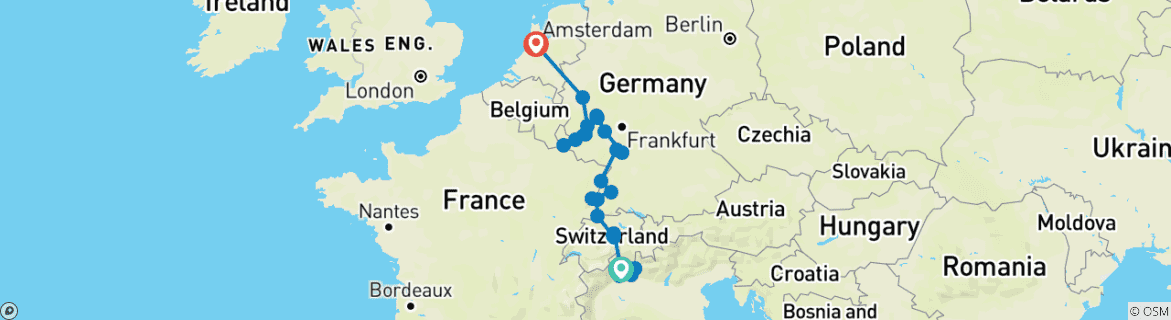 Image of a map showing the route of the tour