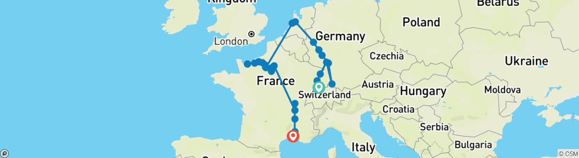 Carte du circuit Chef-d'œuvre européen : le Rhin, la Seine et le Rhône dévoilés