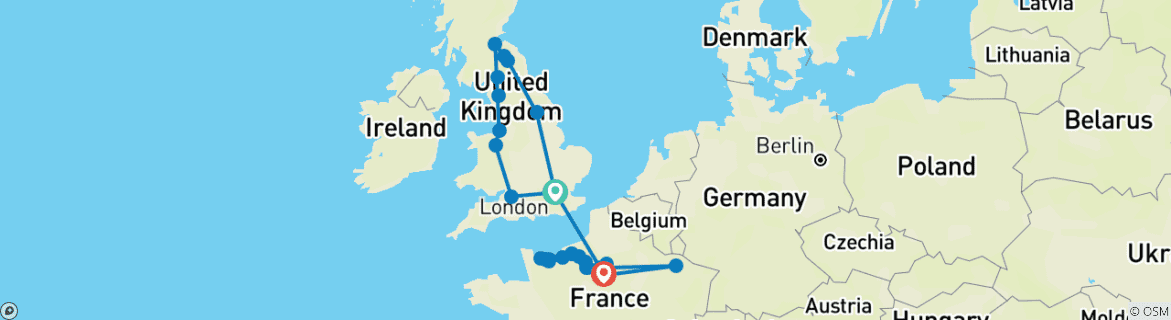Image of a map showing the route of the tour