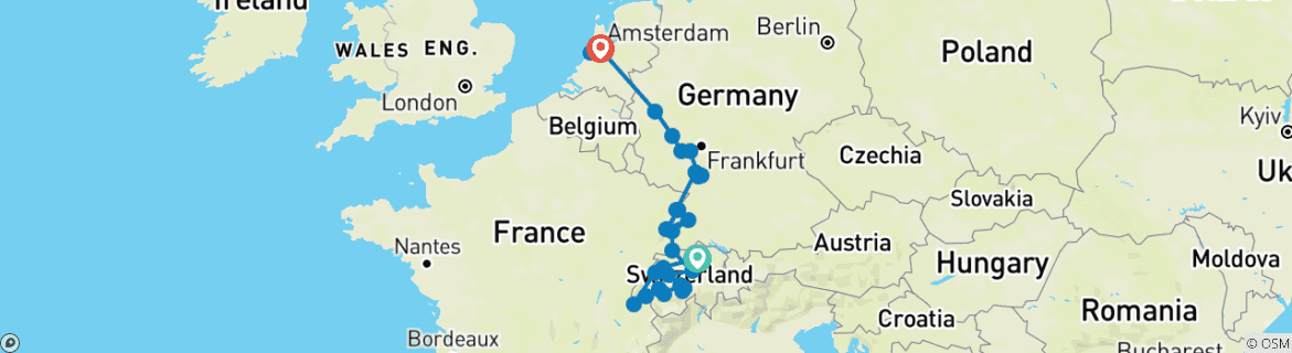 Image of a map showing the route of the tour