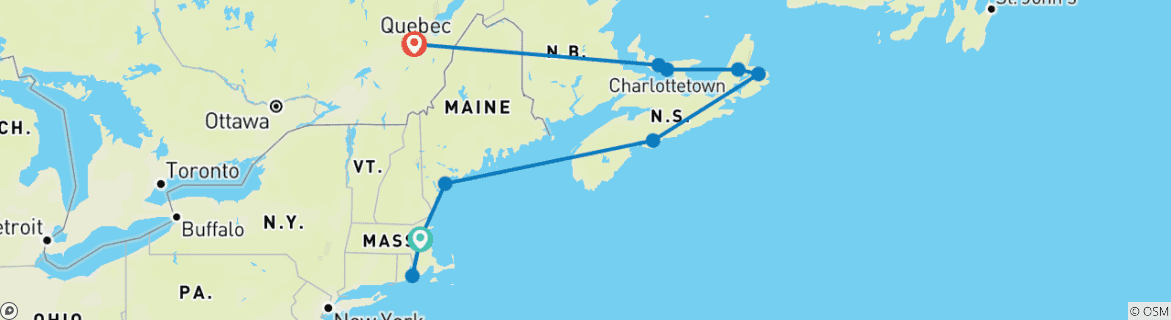 Image of a map showing the route of the tour